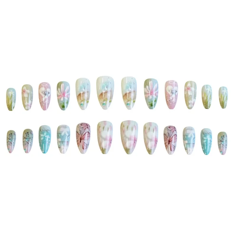Faux ongles français à pression dégradé bleu frais, couverture complète, motifs de fleurs et de papillons, amande, portables, 24 pièces