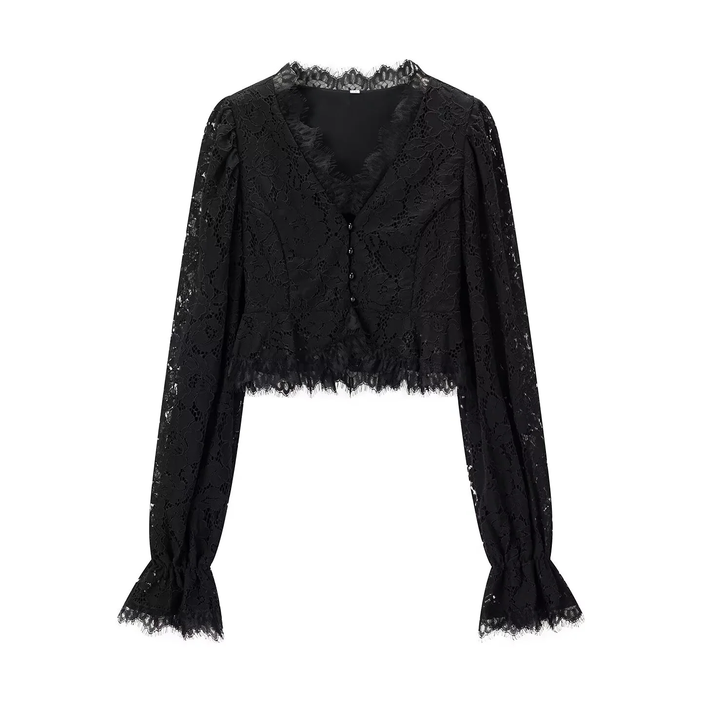 Elegantes Set aus Spitzen-Maxirock und Bluse für Damen, Vintage-Stil, einreihig, ausgestellte Ärmel, V-Ausschnitt, schlanke Bluse, Party-Outfit für Damen – Detail 15