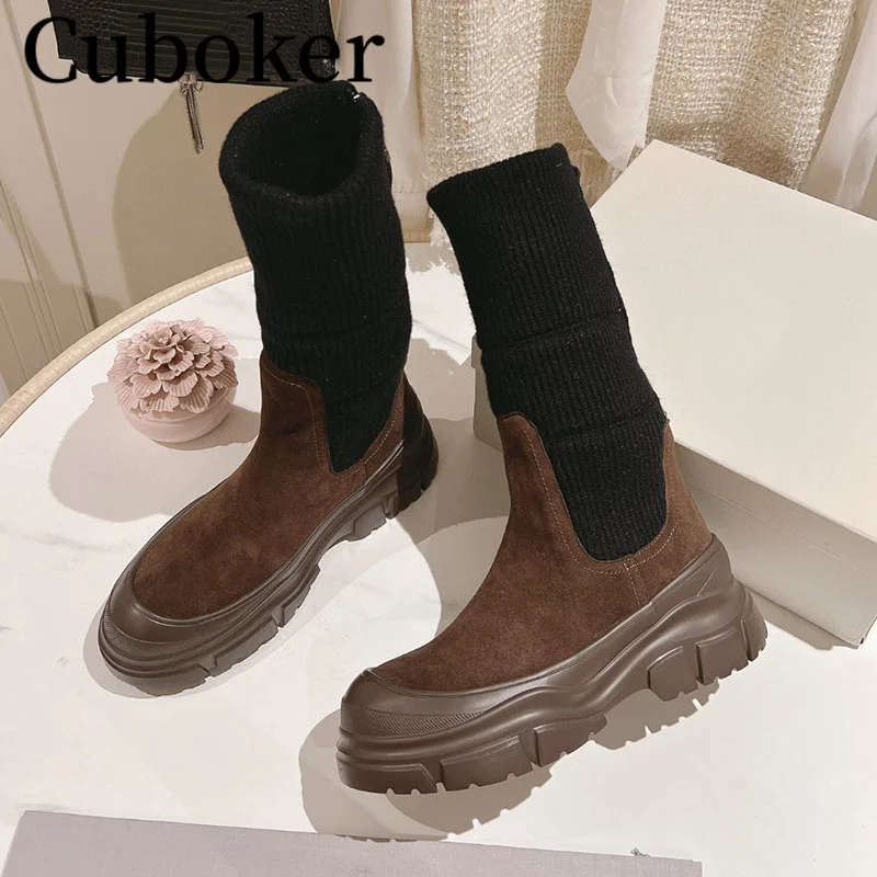 Autumn Winter Elastic Boots Knitting folding Mid Length Boots Round Toe Thick High Boots Women Long Boots Celebrity Brand boots