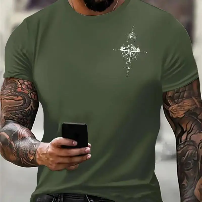 Summer Men's Army Green Solid Color Outdoor Sports Fitness Simple Casual 3d Printed Round Neck Short Sleeve Breathable T-Shirt