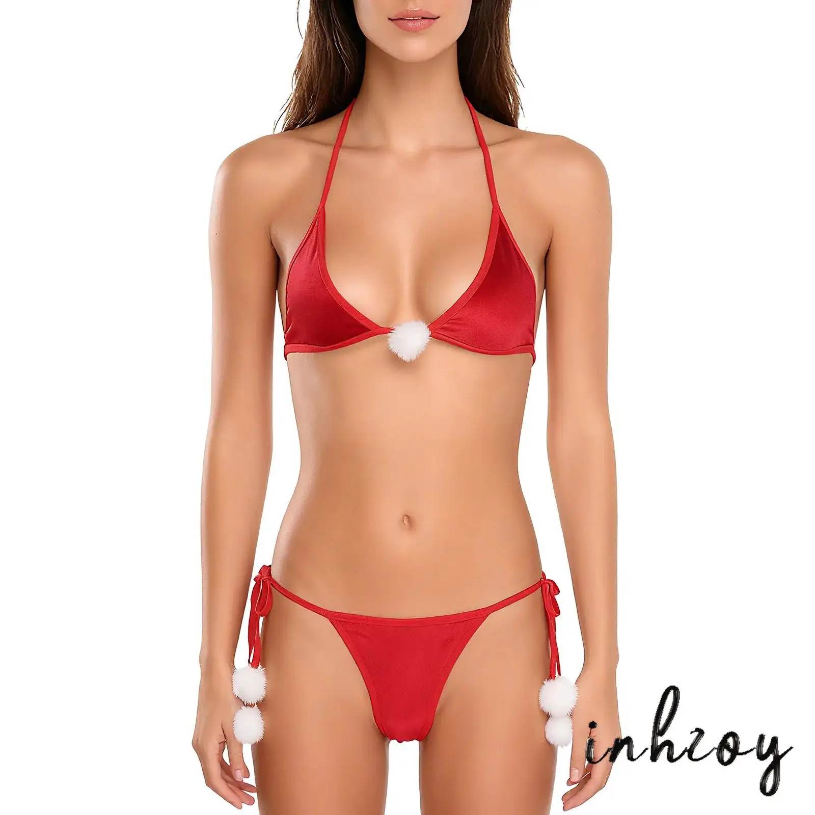 

Женский рождественский бархатный костюм нижнего белья, боди на шнуровке или комплект бикини, декор с помпоном, ночное белье для игр в канун Рождества, пара