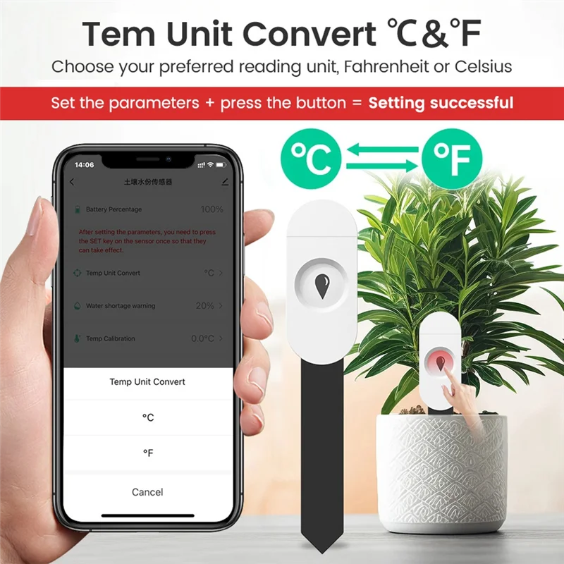 AA08-Zigbee مستشعر رطوبة التربة الذكي 2 في 1 مقياس رطوبة بلوتوث ومتتبع درجة الحرارة لبستنة النباتات الداخلية