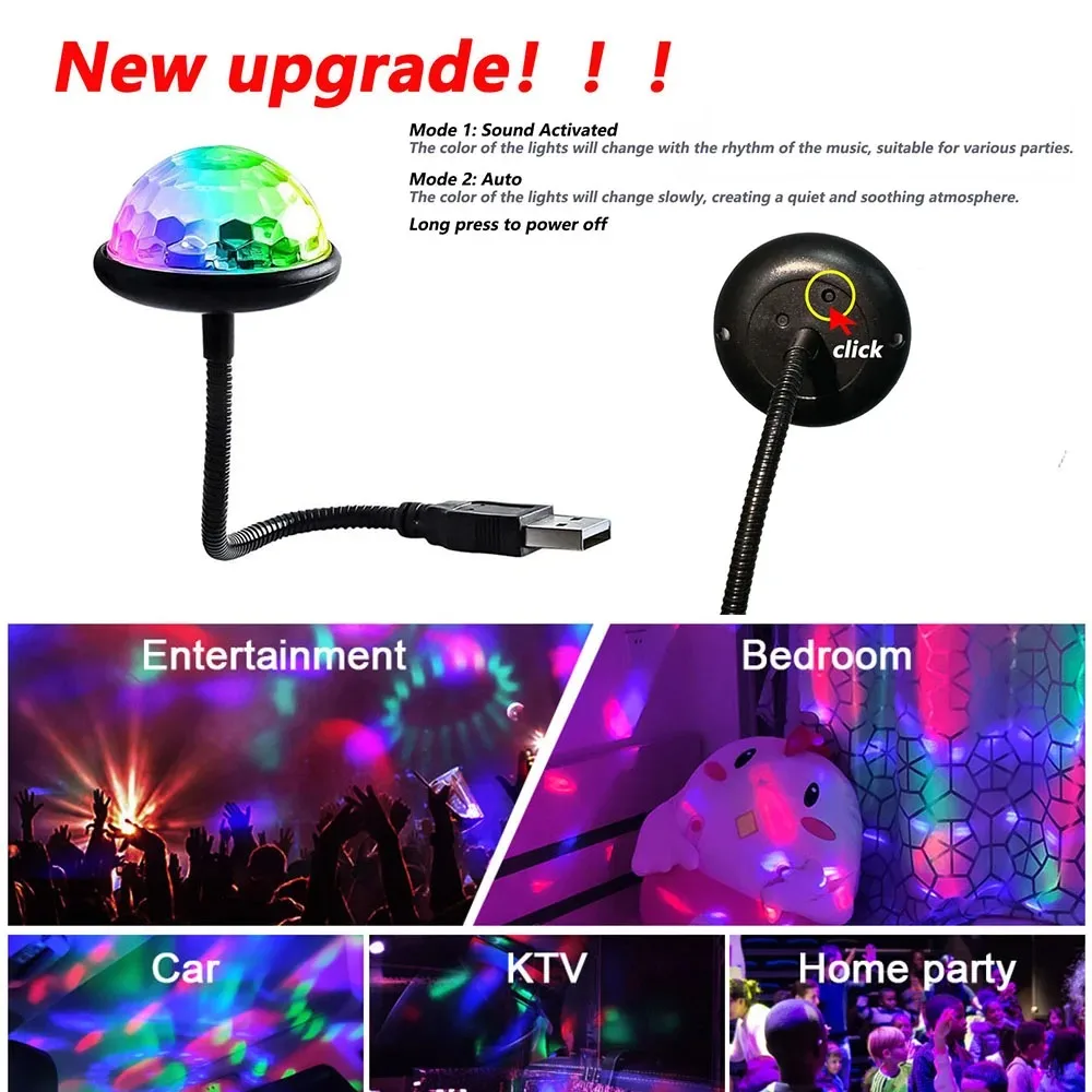 USB Mini Disco Ball Light USB Car Atmosphere Light RGB Dj Lighting Sound Party Ball Lights Room Decorations Lamp Strobe Light