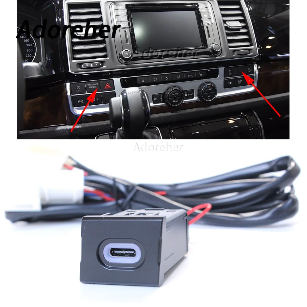 Car Fast Charger Type C Cigarette Interface Power Adapter Mobile Phone Charger Socket For VW Multivan T6 2016 2017 2018