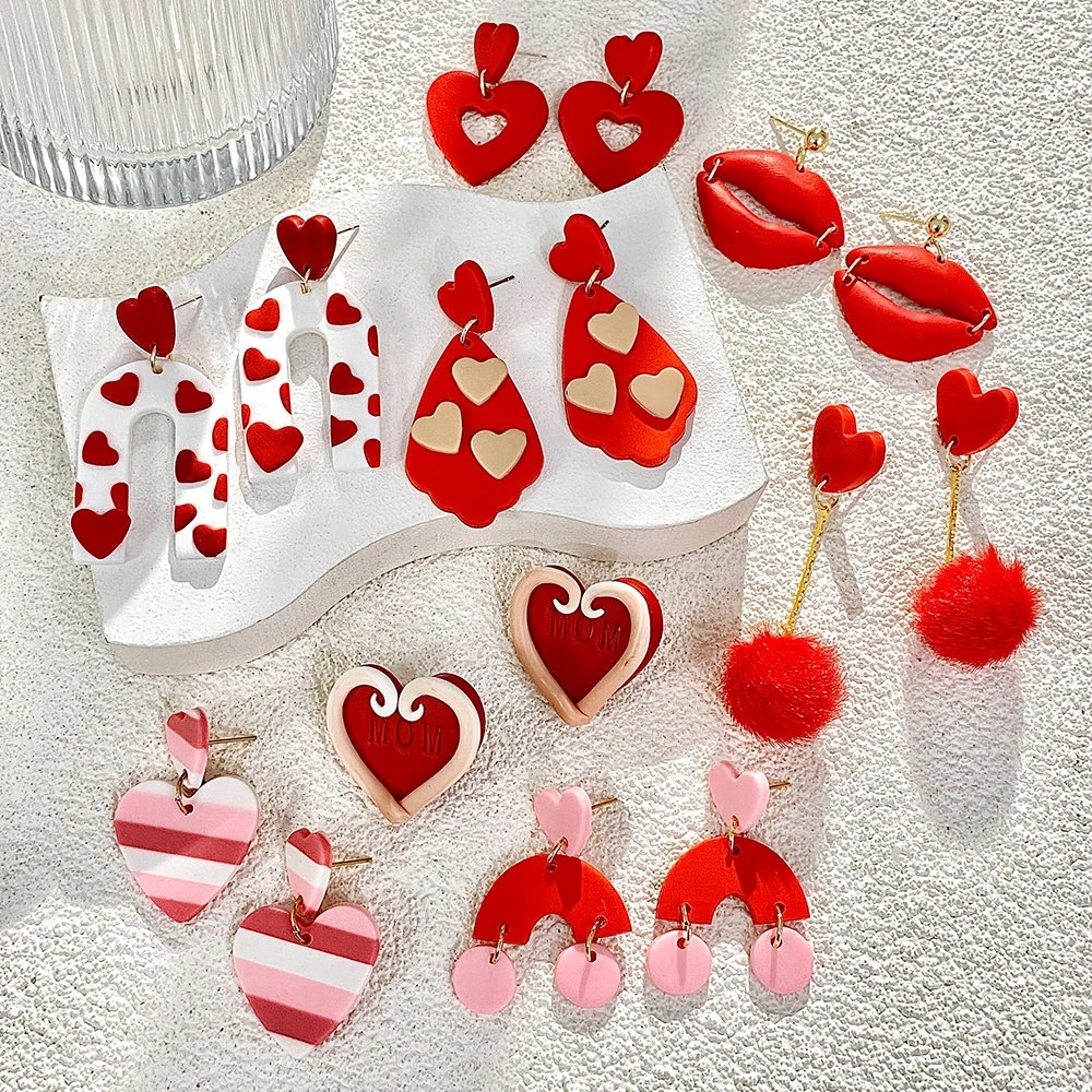 AENSOA Lightweight Sweet Red Pink Love Heart Lips Flower Polymer Clay Earrings for Women Girl Handmade Valentine's Day Jewelry