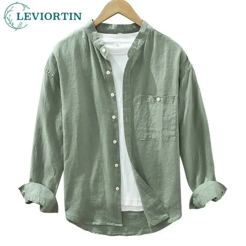 

Spring and Autumn Men's Fashion Simple Japanese Fresh Outerwear Casual Solid Color Versatile Stand up Collar Long Sleeve Shirt