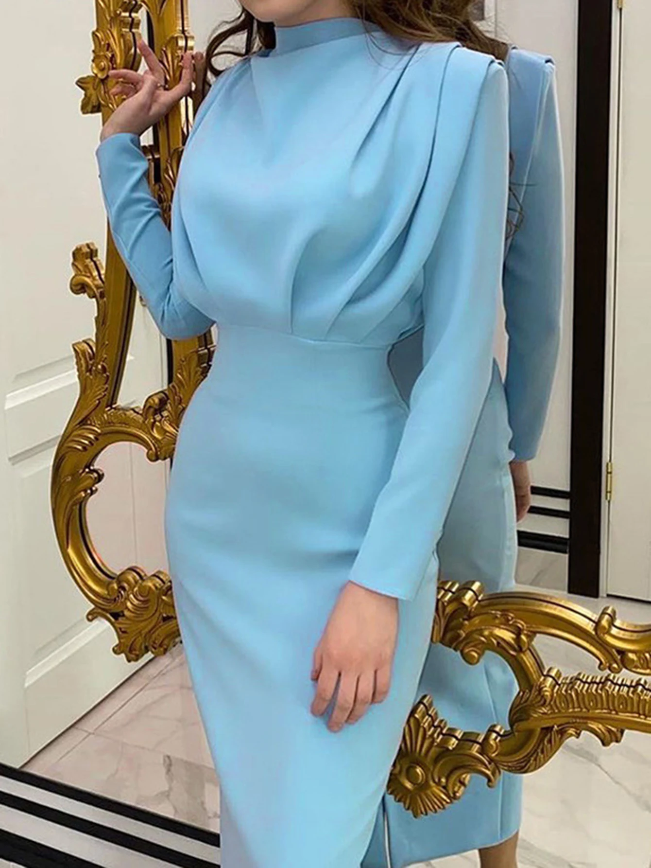 فستان نسائي أنيق لمكتب الأعمال بأكمام طويلة وياقة مدورة ميدي عادي بخصر مقصوص للارتداء اليومي في الخريف والشتاء