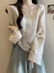 Oversized Design Shirts Solid Color Hollow Out Embroidery Long Sleeve Spring Autumn Blouses Fashion Vintage 2024 Women Clothing