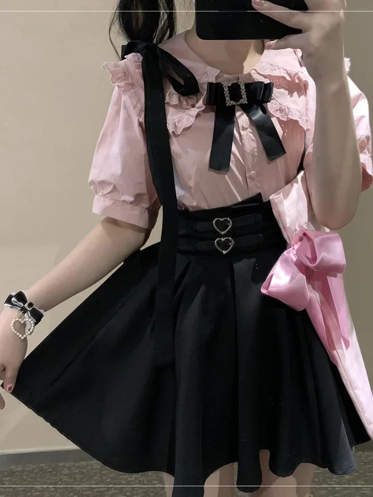 

Japanese Lolita High Waist Mini Suspender Skirt Y2k Aesthetic Sweet Women Solid Streetwear Gothic Jk Saia Feminina Harajuku Jupe