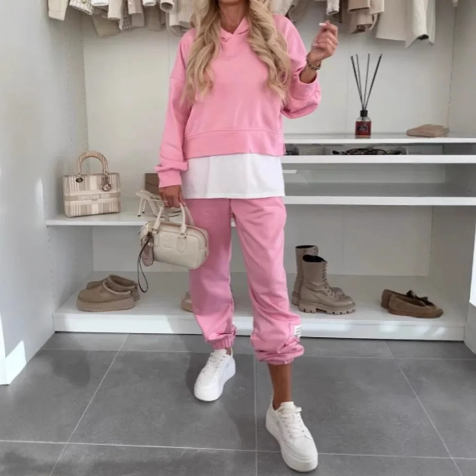 Hooded Casual Set with Patchwork Top Long Sleeve Regular Sleeve Japanese Korean Casual Spring Autumn Sweatshirt for Women