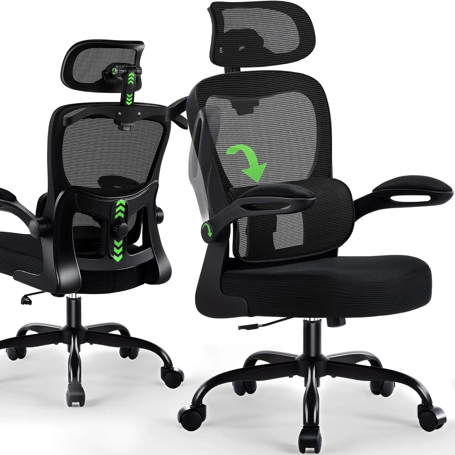 Ergonomic Office Chair with Adjustable Lumbar Support and Headrest, High Back Breathable Mesh Task Chair with Wheels for Home
