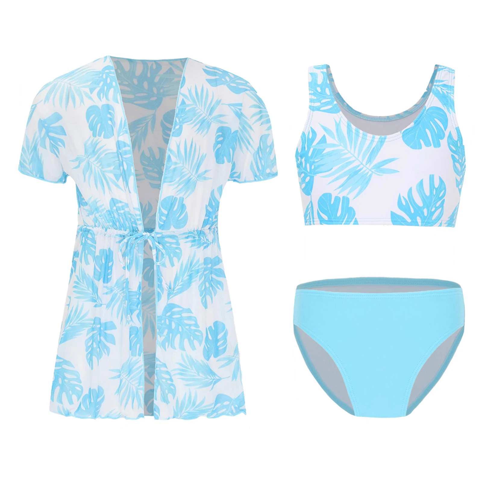 

Summer 3Pcs Girls Swim Set Strawberry Tropical Print Tank Top Briefs with Mesh Kimono Cover Up for Beach Pool Party Swimwear