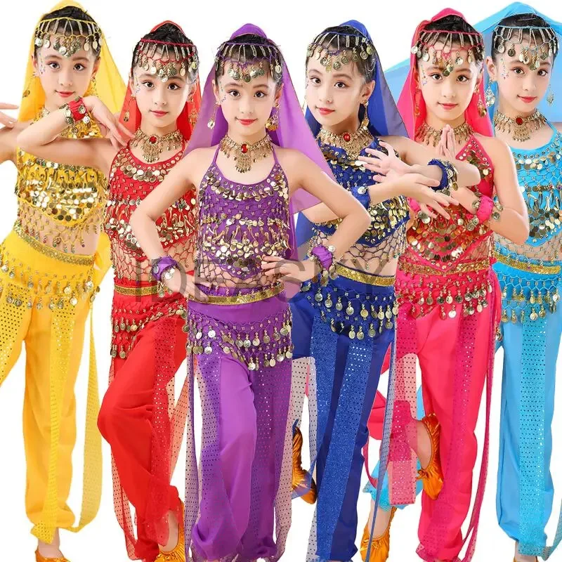 Set Gaun Perut Tari Sari India Anak-anak Profesional Barat untuk Wanita Dewasa Njjh4566