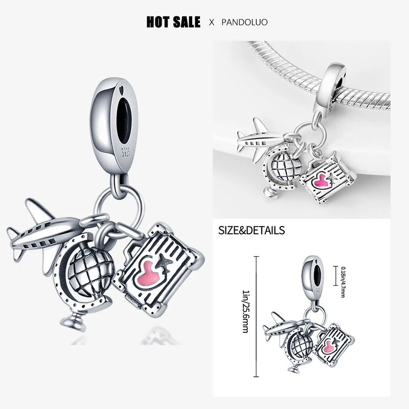 2024 Hot sale New in 925 Silver Travel Airplane Three Piece Set Charm Beads Fit Pandora Bracelet Women Pendant Bead Jewelry Gift