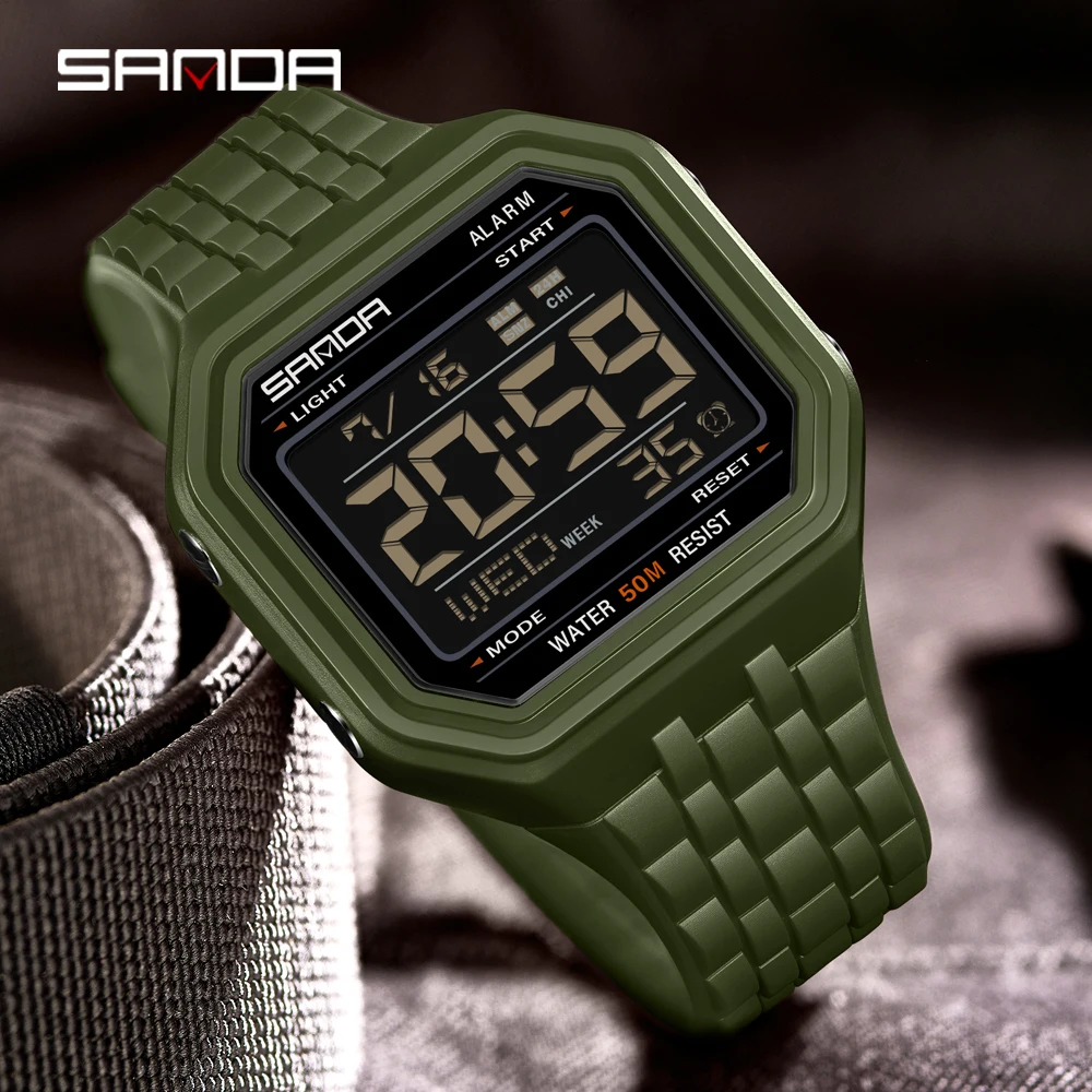 SANDA 6366 Retro Block Men's Electronic Watch New Multifunctional Night Light 50M Waterproof Fashion Sports Digital Wristwatch