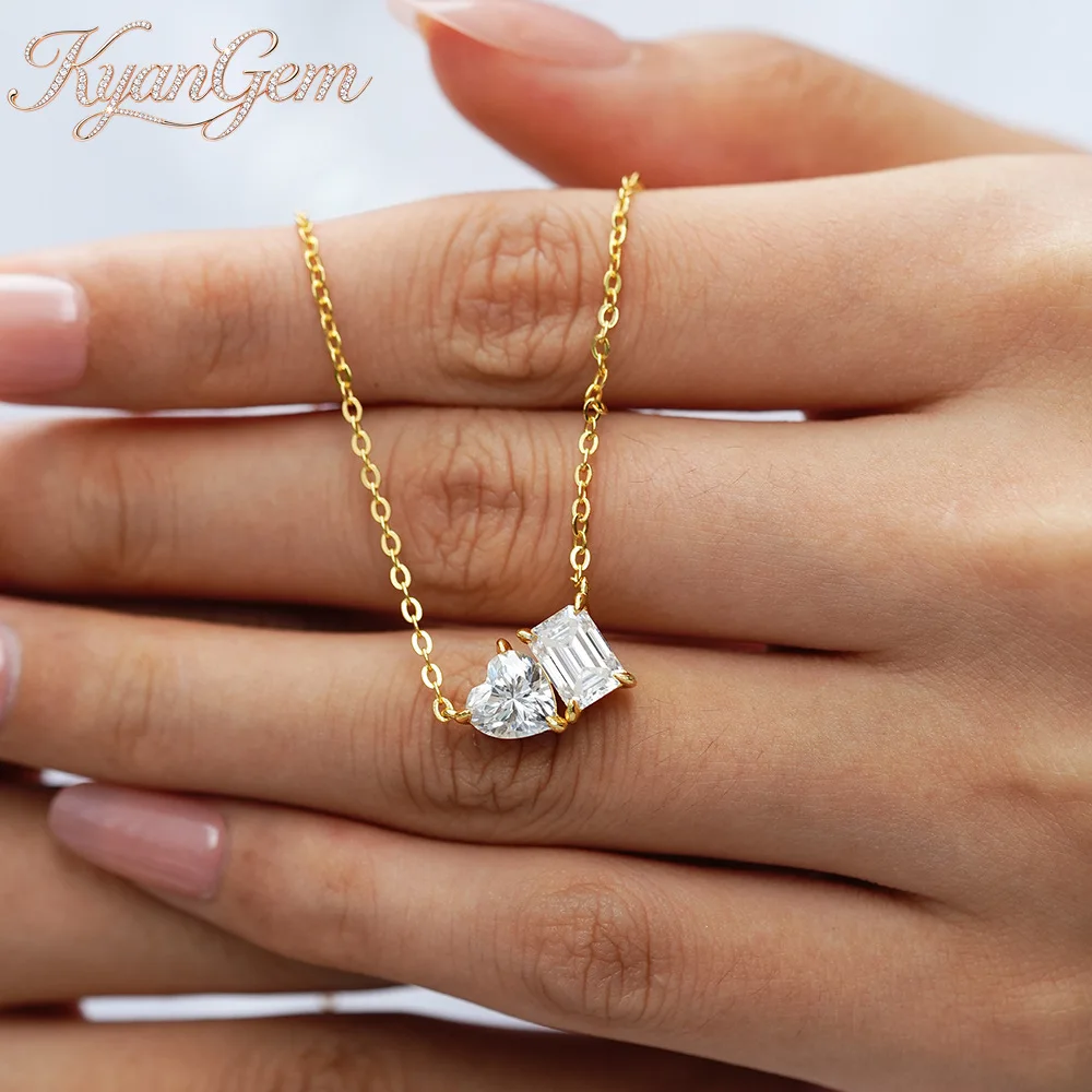 KyanGem Sweet 18K Gold Moissanite Necklace for Women Ultra-Sparkling Sugar Cube Heart Collar Chain with Minimalist Pendant