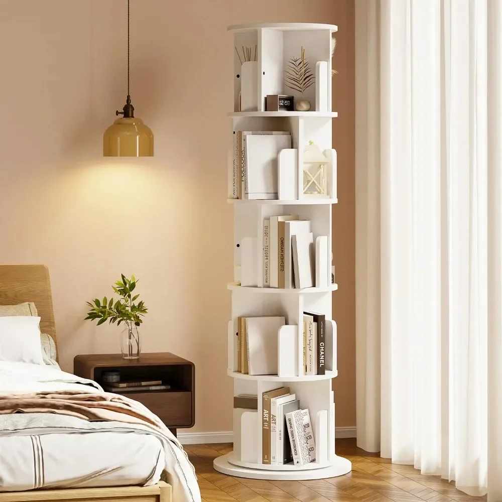 

Rotating Bookshelf, 360 Display 5 Tier, Small Corner Bookshelf for Small Space, Floor Standing Bookcase Storage Rack, Wood