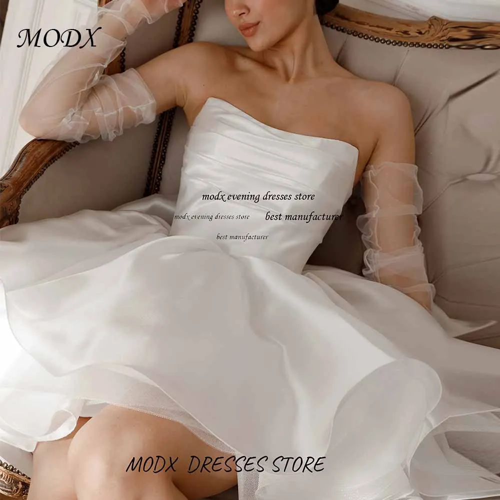 

MODX Custom White Short Wedding Dress Women Strapless A Line Mini Bridal Gown with Sheer Sleeves for Civil Ceremony Look