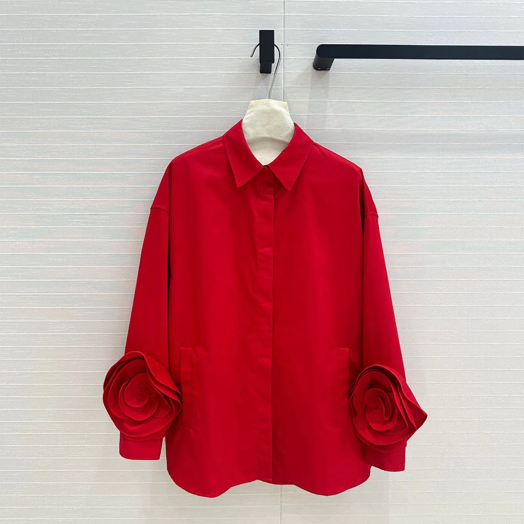 2024 New Autumn Fashion Turn-down Collar Long Sleeve Flower Cuff Sweet Shirt Women Solid Color Loose Long T-shirt Tops