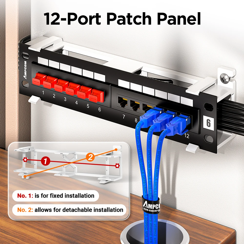 Imagem -02 - Ampcom Mini Patch Panel com Wallmount Suporte Incluído Gato Preto 6a Cat6utp 12 Portas