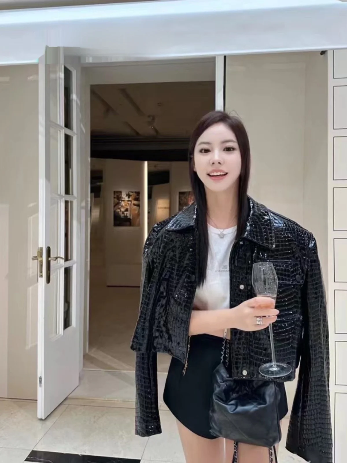   Or PU cuir Jaet Cool peau de serpent motif brillant manteau en cuir Sli femmes Faion printemps Collection