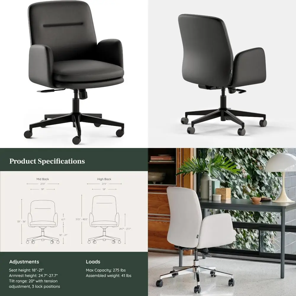 

mid-century modern office chair in leather: removable armrests and mid-back support for luxurious comfort with adjustable featur