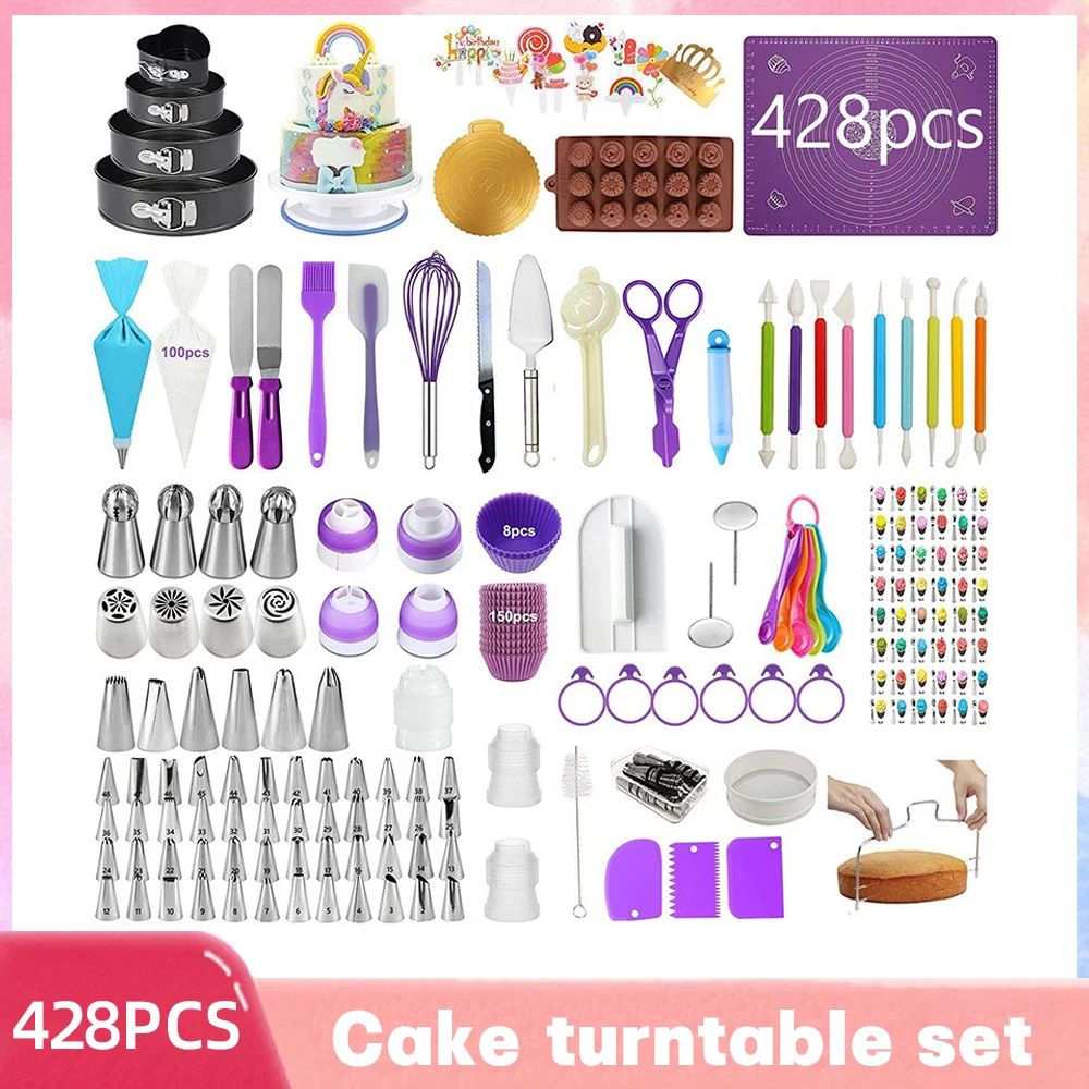 428PCS Anti-slip Cake Turntables Set Chocolate Silicone Mold Repeatable TPU 12-inch Piping Bag Rotating Pastry Turntable