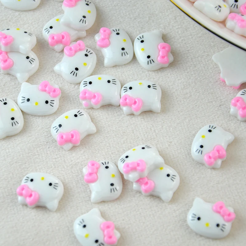 200pcs Resin Pink Bow Kitty 15MM Kawaii Kitten Flat Back Cabochon DIY Nail Art Decoration Scrapbook Embellishment