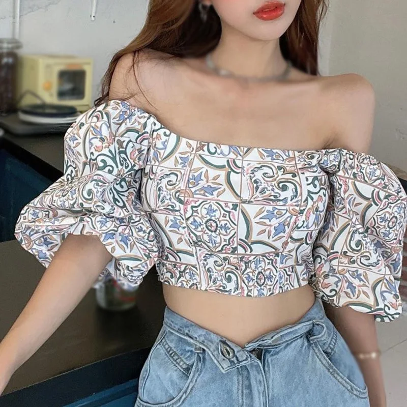 Women\'s Floral Print Square Collar Crop Tops Puff Short Sleeve Chiffon Shirt Fashion Elegant Off-Shoulder Bodycon Blouse Summer