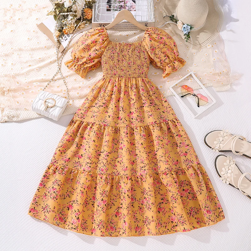 Summer  Dress For 8-12 Years Kids Girls Puffy Sleeves Yellow Floral Skirt Long dress Elegant Princess Birthday Party Daily Dress