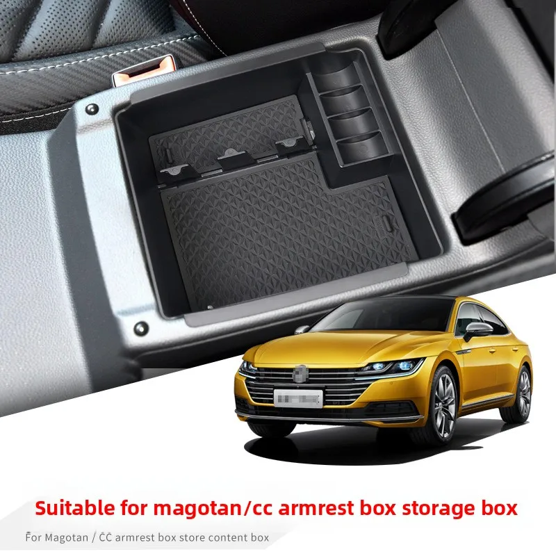 Center Console Organizer for VW Magotan & CC, 2-Layer Armrest Storage Box with Anti-Slip Mat, ABS Tray Insert, No Tools Install