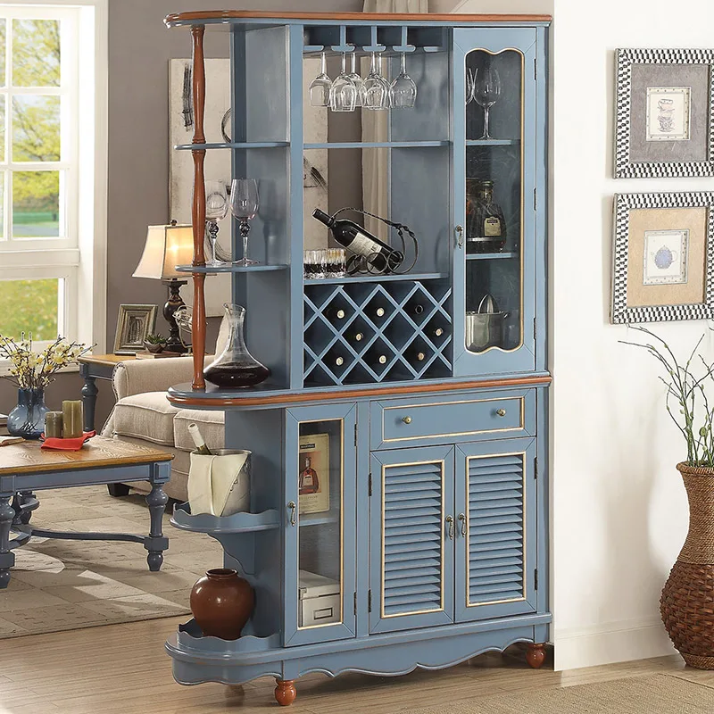 

Mediterranean Living Room Entrance Storage Shoe Cabinet Solid Wood Paint Double-Sided Tall Wine Cabinet