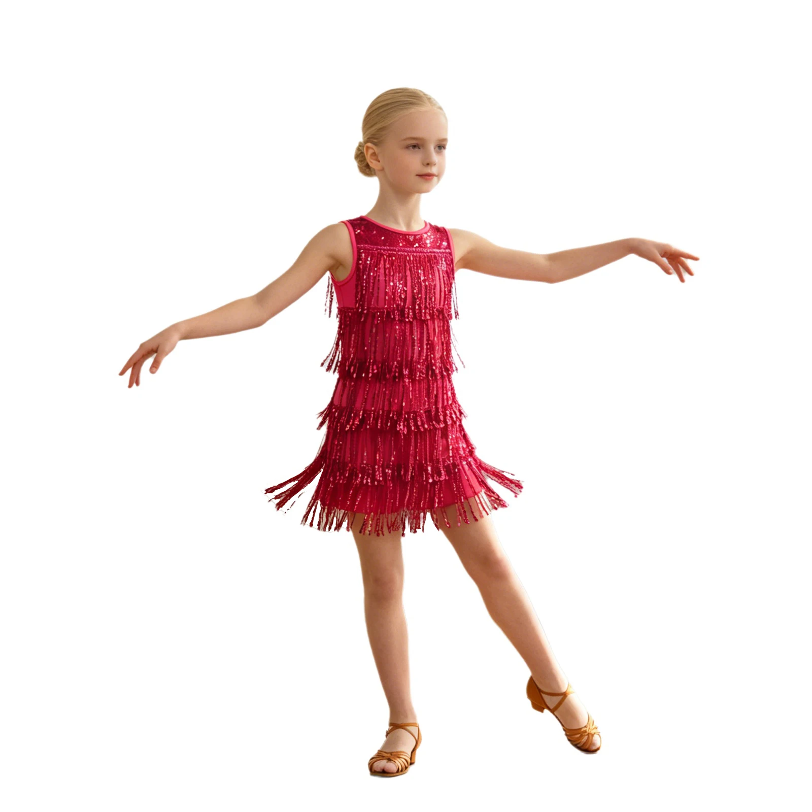 Kids Girls Latin Rhythmic Dance Costume Sequin Tassel Sleeveless Dress Contemporary Salsa Cha-cha Dance Stage Performance Outfit