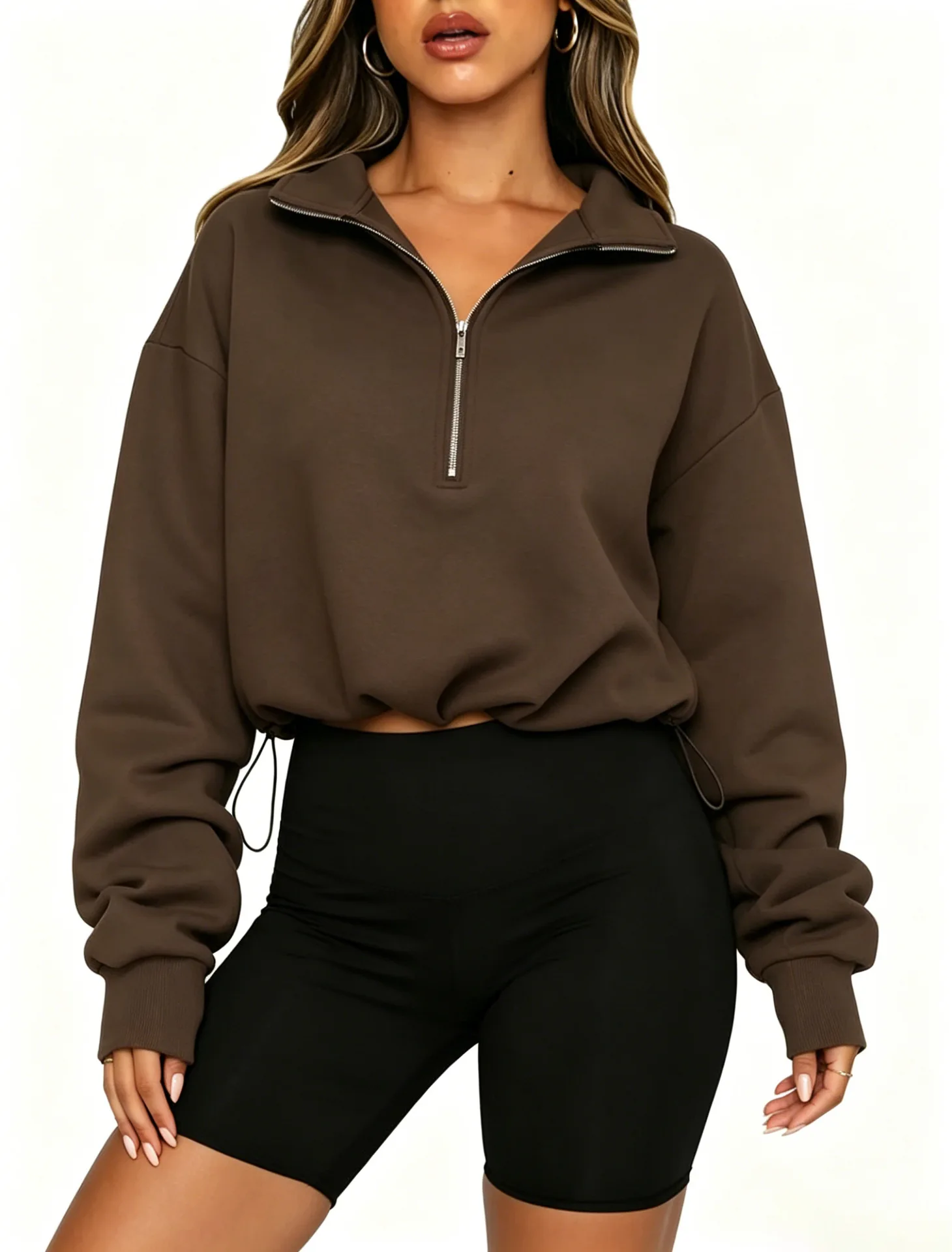 Women Half Zip Sweatshirt Cropped Pullover Oversized Long Sleeve Drawstring Hem Hoodie Y2K Athletic Sportswear
