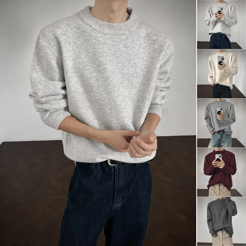 

Soft Knitted round Ne Sweater Men's Loose Fit Fce-lined Retro Pure Color Base Layer Faionable Trendy Autumn Winter Kni...