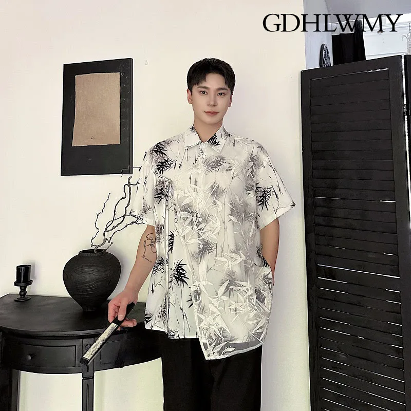 

GDHLWMY Summer New Chinese Ink Bamboo Printed Multi piece Embroidered Mesh Collar Short sleeved Men's and Women's Shirts