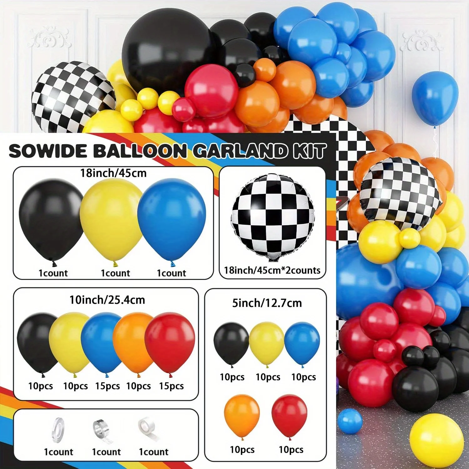 121 قطعة بالونات من رقائق العلم المتقلب باللون الأسود والأزرق والبرتقالي مجموعة إكليل القوس لعيد الميلاد والاحتفالات والزفاف والذكرى السنوية #6