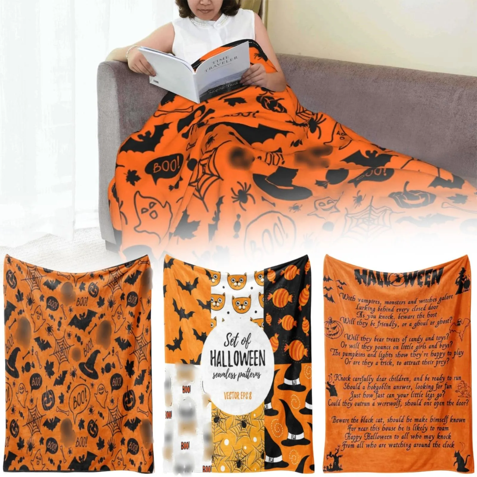 Halloween Large Throw Blanket Black Bats Pumpkins Print Decoration Blanket Lightweight Soft Fuzzy Bed Blanket Halloween Gift