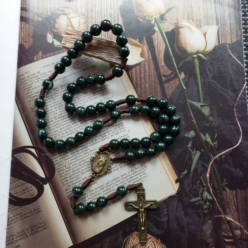 Dark Green Rosary Necklace Prayer Beads Chain Chaplet Our Lady Virgin Mary Medal Crucifix Cross Pendant Religious Jewelry Gifts