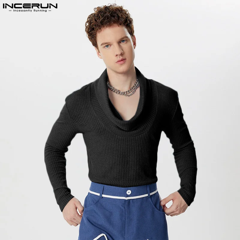 

Casual Streetwear Style Tops INCERUN New Mens Pile Neck Pullover Stylish Male Striped Solid All-match Long Sleeved Sweater S-5XL