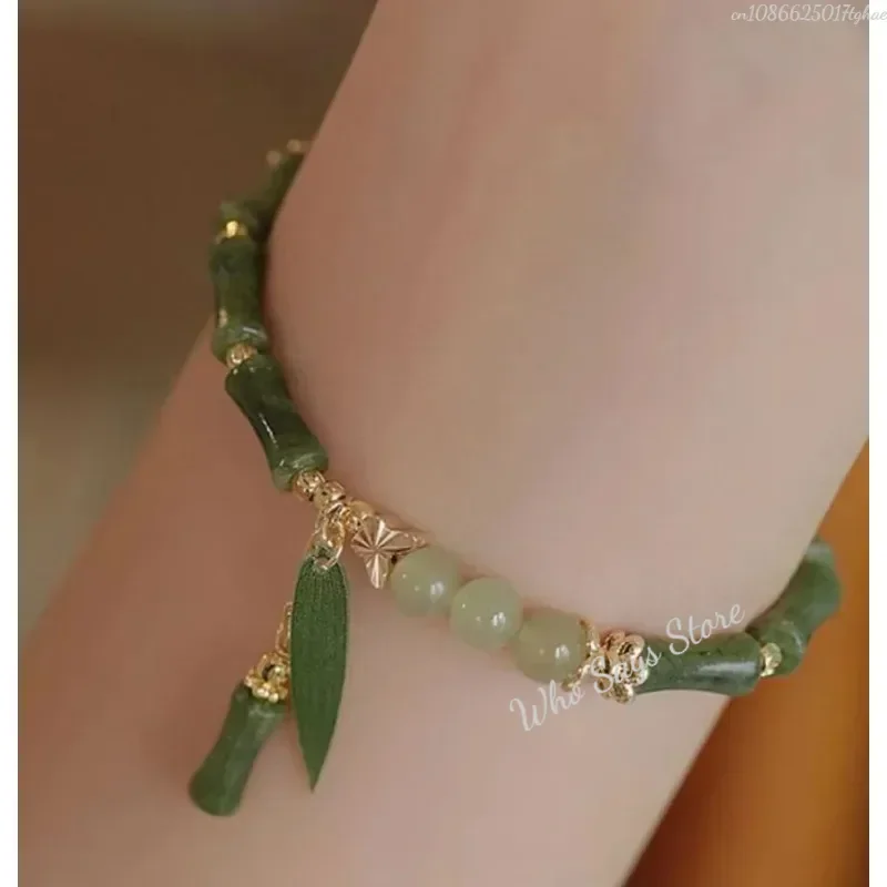 Chinese Style Green Bamboo Bracelet Bamboo Shape Leaf Imitation Jade Bracelet Classic Fashion Leaf Pendant Bracelet