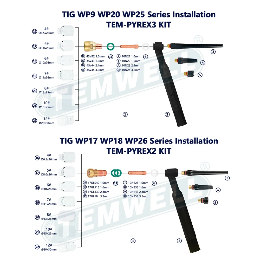 Welding Torch Stubby Gas Lens #4 #5 #6 #7 #8 #10 #12 Glass Set For WP9 WP17 WP18 WP20 WP26 Is Easy To Assemble And Use