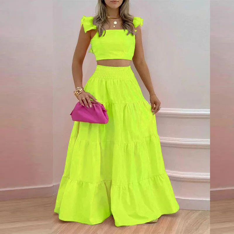 Primavera Verano nuevo cómodo y versátil Simple Mediados de cintura falda de tirantes Sexy Color sólido conjunto de moda conjunto de dos piezas para mujer