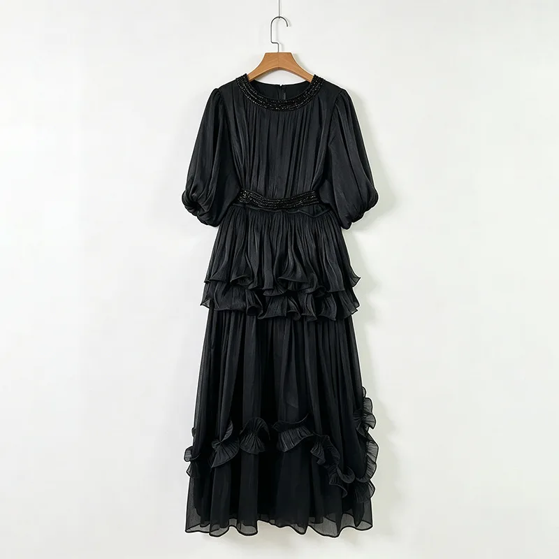 Elegante gele formele 2-delige outfit - Tailleriem met kralen, zoom met ruches, top met pofmouwen en broek