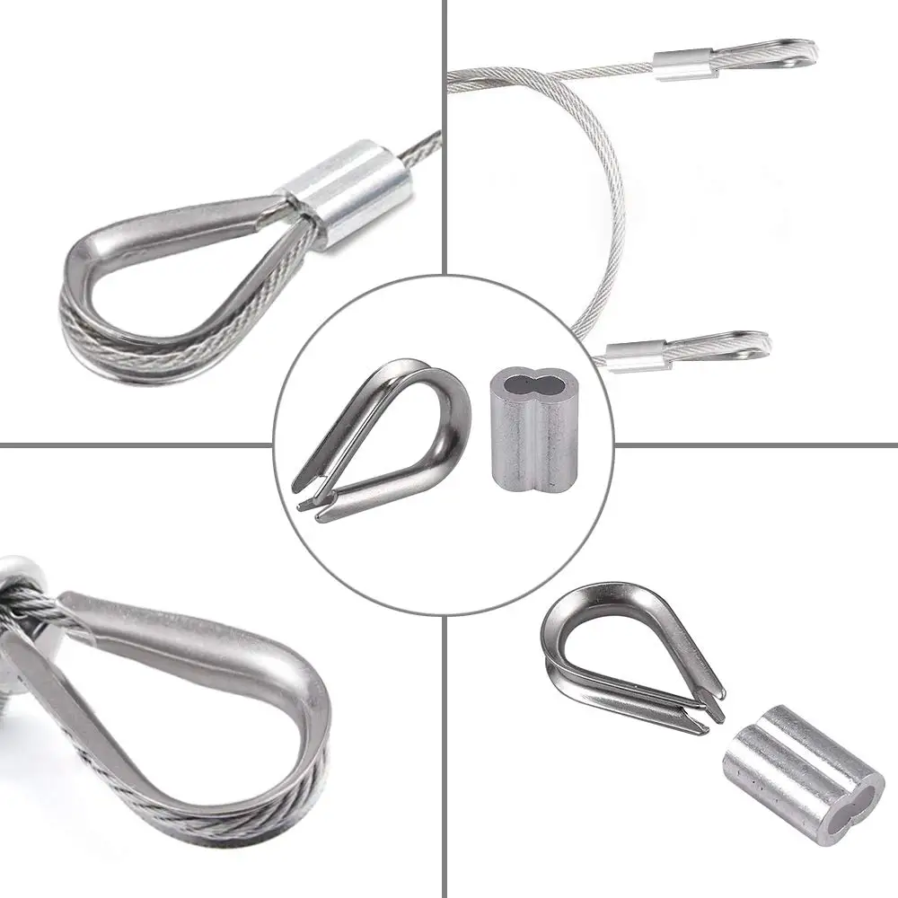 B69C Cable Ferrule 100Pcs 1/8Inch Crimping Loop Sleeve Crimps 50Pcs M3 Stainless Steel Thimble Rigging For Wire Rope Cable