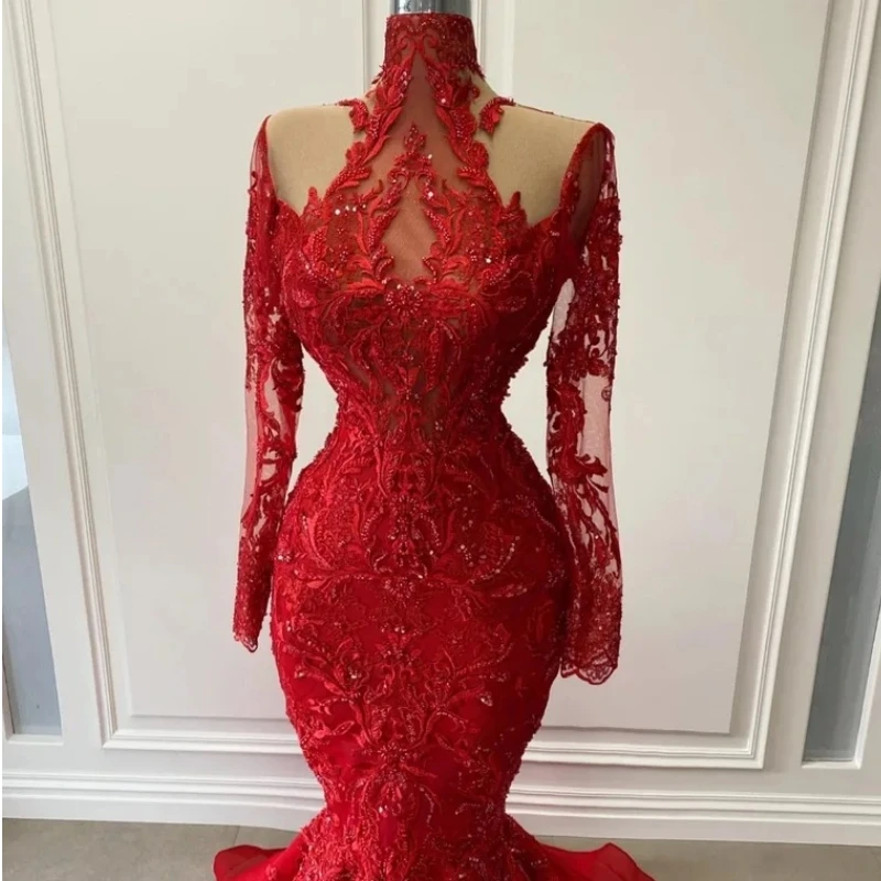 Custom Made Luxury Red Mermaid Evening Dresses Long Sleeve High Neck Lace Applique Long Women Formal Occasion Gown Party Wear