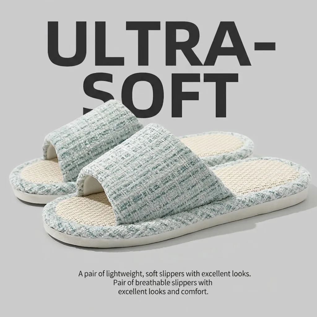Atmungsaktive Leinen-Hausschuhe für Damen und Herren, gestrickte Tweed-Slipper mit offener Zehenpartie, rutschfeste, dicke, weiche Sohle, schweißabsorbierende Hausschuhe. – Detail 7