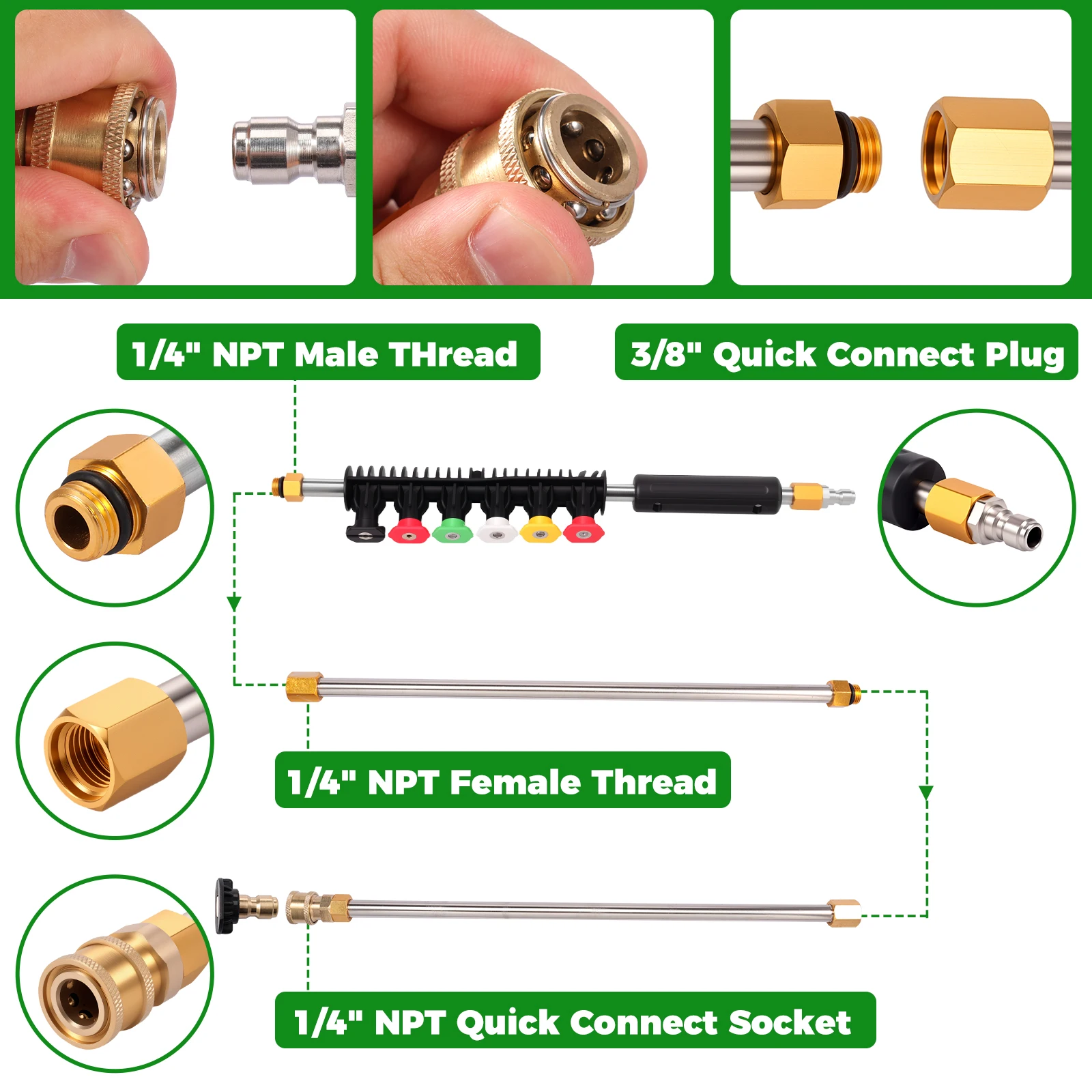 9Pcs Pressure Washer Extension Wand Metal High Pressure Washer Lance Multi Angle Extended Pressure Spray Wand Quick Connect Car