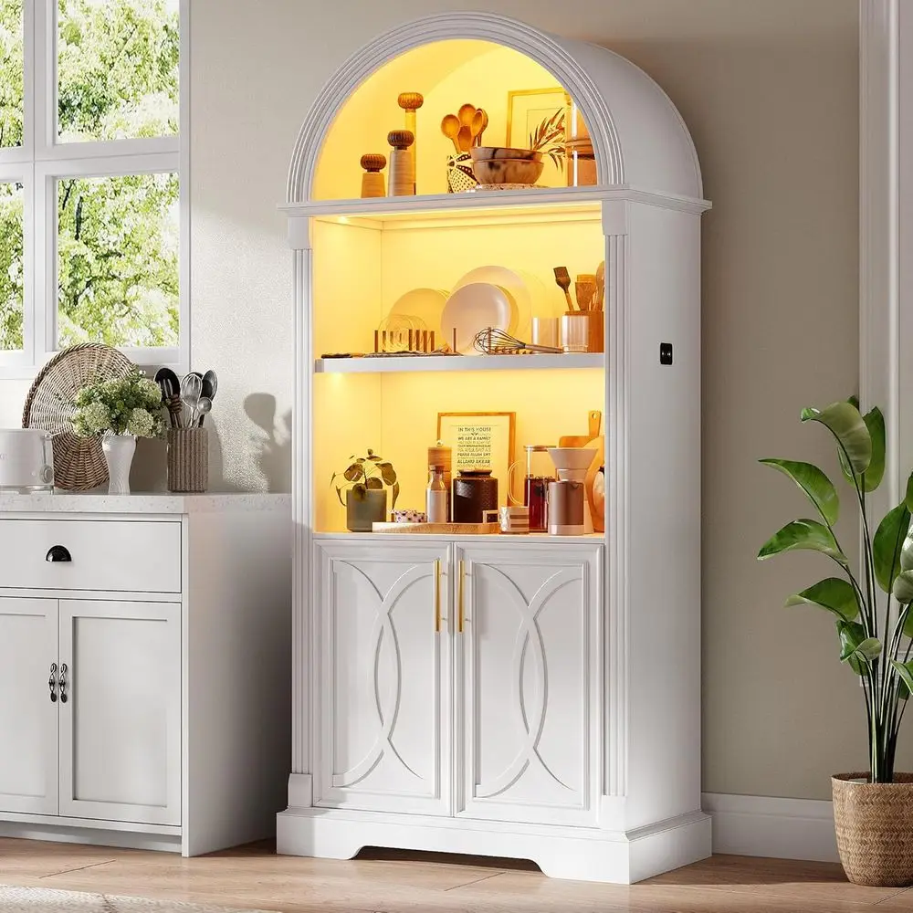 71 High Arched Kitchen Pantry Cabinet with Adjustable Shelves and 3-Color Induction Lighting, White