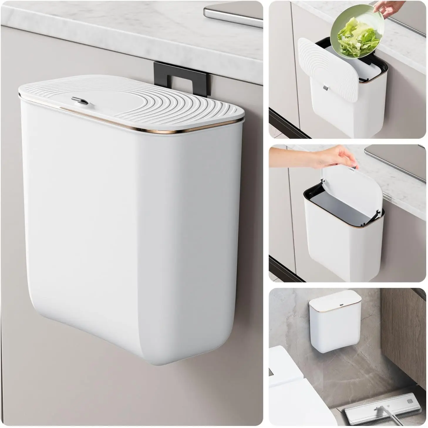 

Подвесное мусорное ведро на 2,4 галлона с крышкой, настенное крепление для кухни и ванной, защита от запаха, удлиненное крепежное кольцо